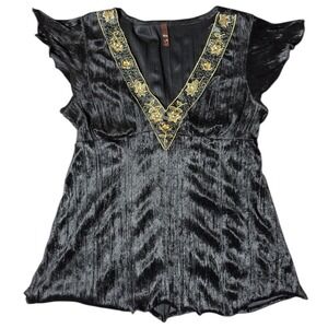 Y2K Vtg Top Crinkle Velvet Black V Neck Beaded Embroidered Tie Fairy Goth Witchy